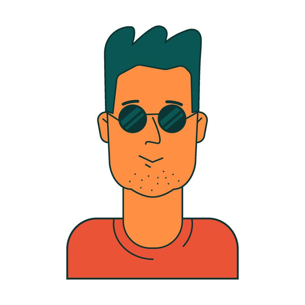 Face of young man in sunglasses with green hair in orange t shirt. Isolated illustration for websites, avatar, card and more design vector