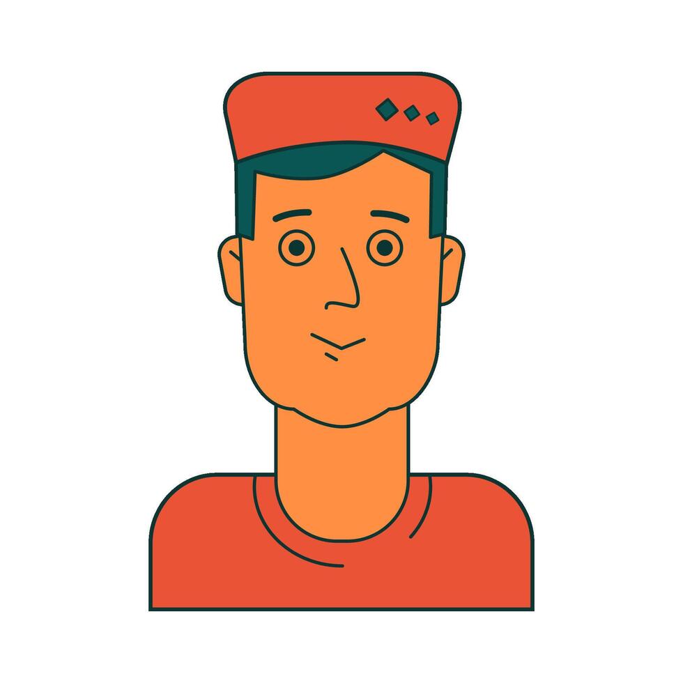 Face of young man in hat with green hair in orange t shirt. Isolated illustration for websites, avatar, card and more design vector