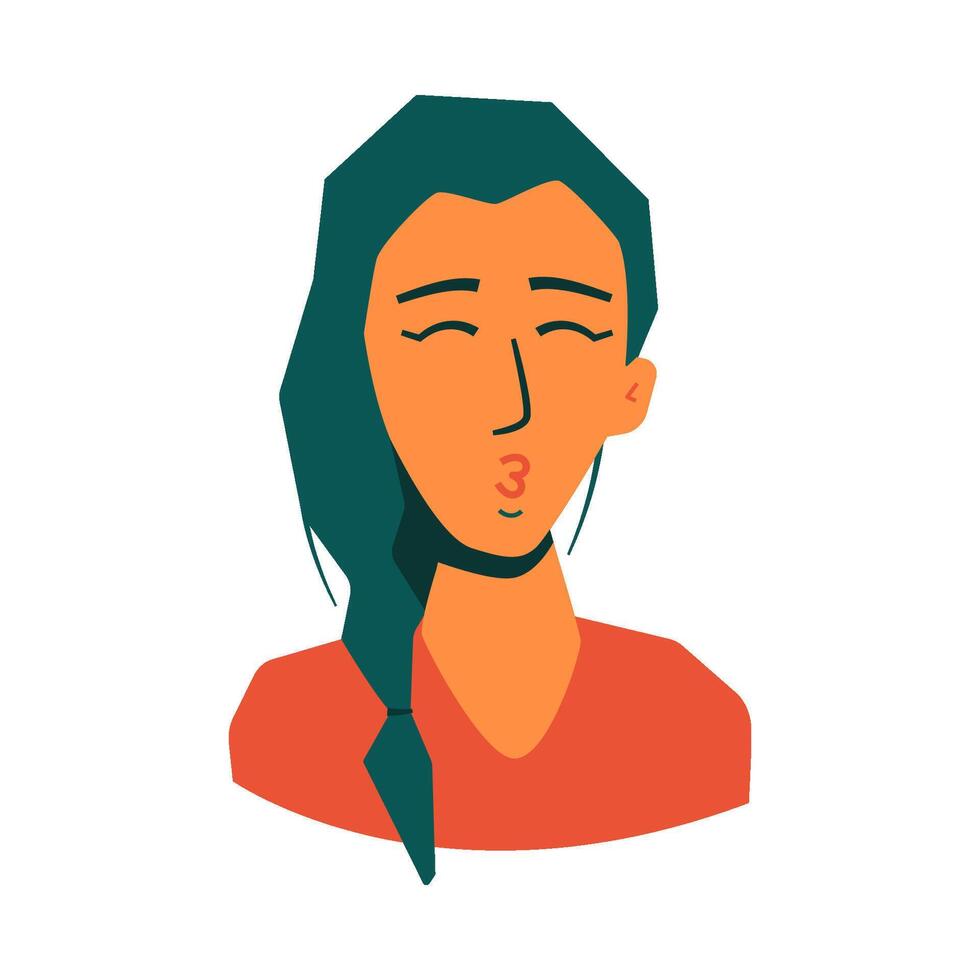 Face of young woman, who giving a kiss, with green hair in orange t shirt. Isolated illustration for websites, avatar, card and more design vector