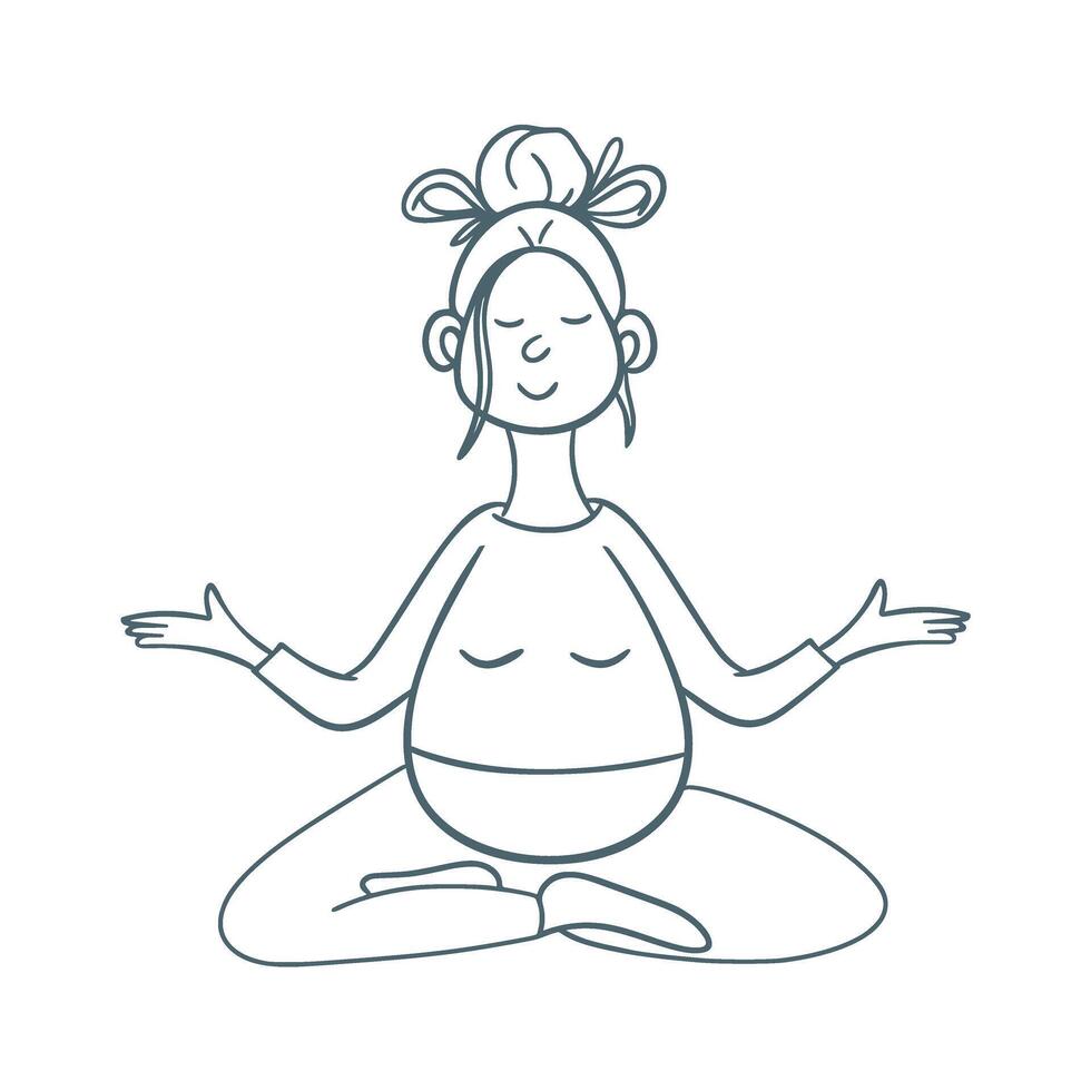 Funny girl meditating doodle sketch style, graphic vector