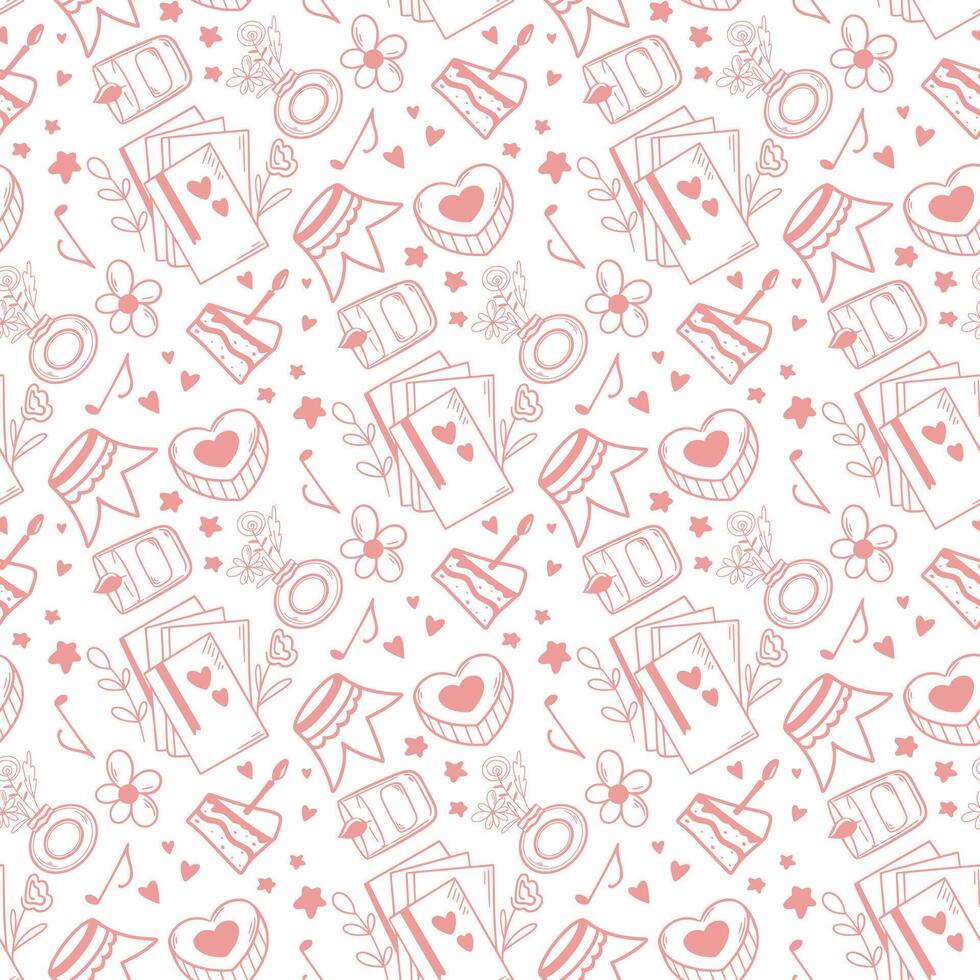 Seamless pattern of cute women's things and leisure items and hobbies vector