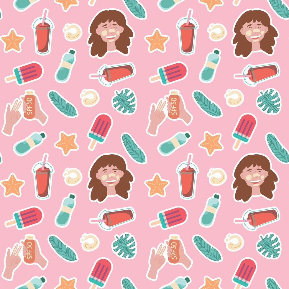 seamless pattern featuring a happy woman with a big smile holding an ice cream cone on a pink background. The design includes circles, a magenta font, and playful textile art vector