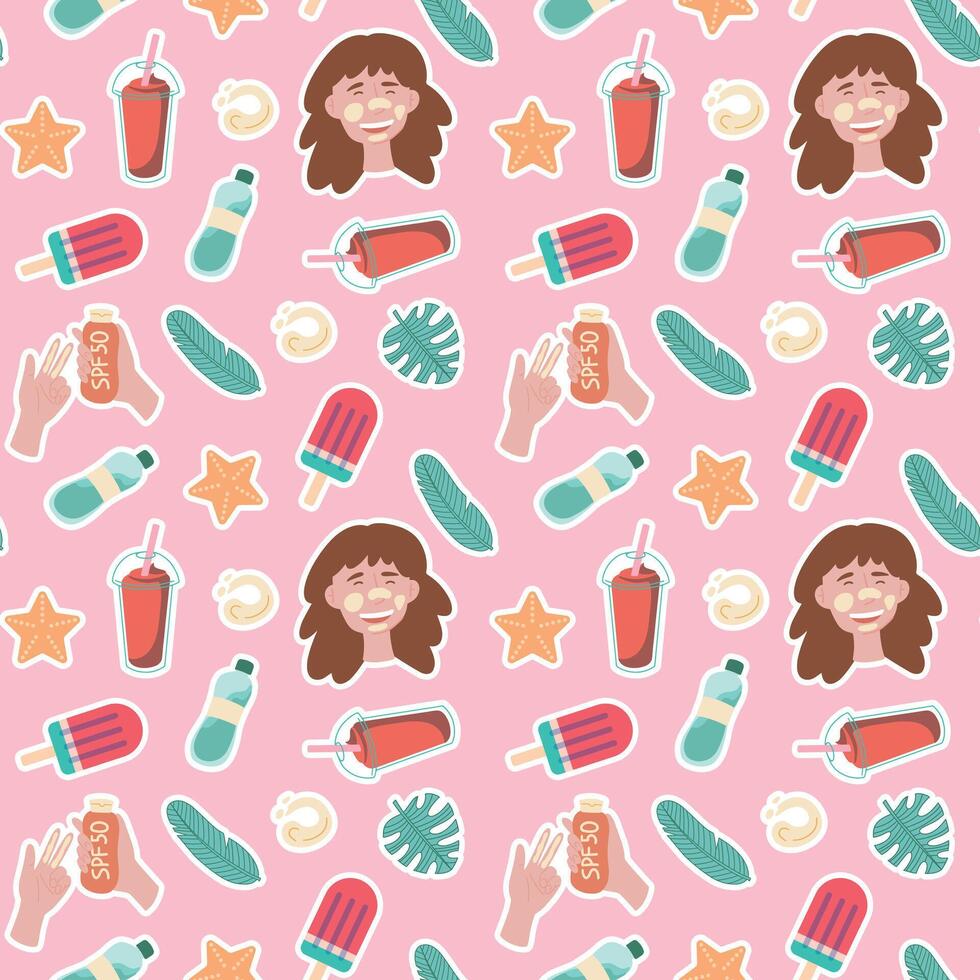 seamless pattern featuring a happy woman with a big smile holding an ice cream cone on a pink background. The design includes circles, a magenta font, and playful textile art vector