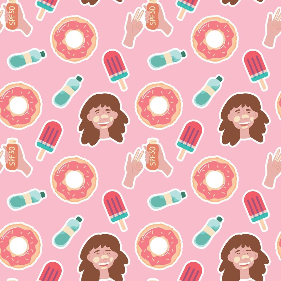 seamless pattern of donuts , ice cream , spf, water and women on a pink background vector