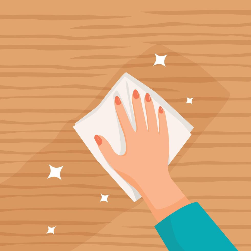 Woman hands with rag cleaning wooden surface vector