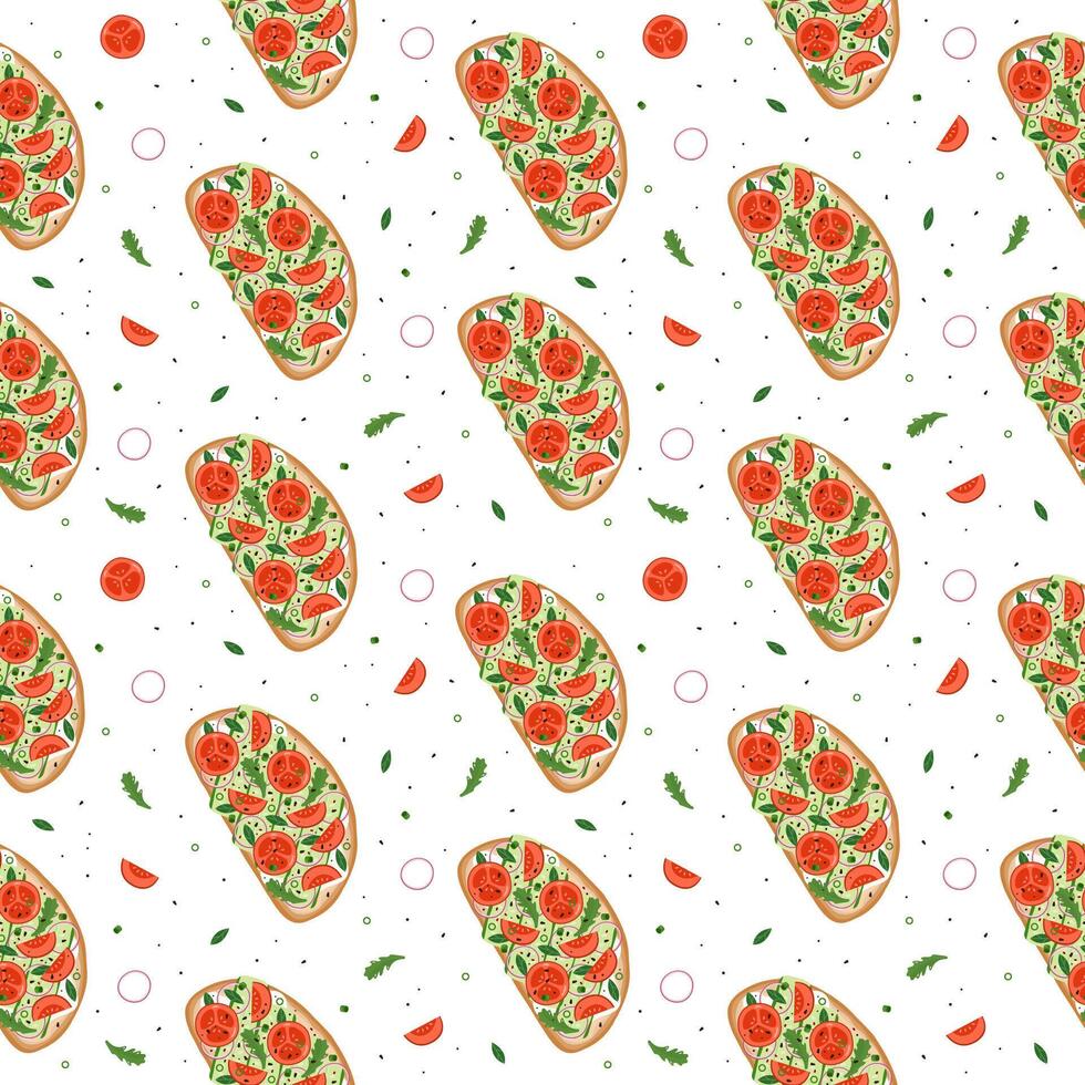 Pattern with bruschetta, tomato and cucumber vector