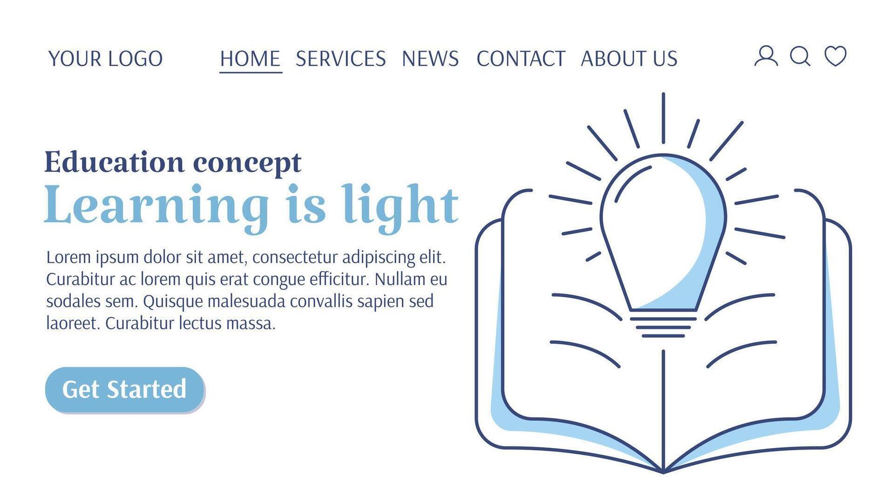Open book with light bulb. Learning is light, education concept, increasing knowledge, personal growth and development, way to success. Template for web, banner, landing page, website, startup. vector
