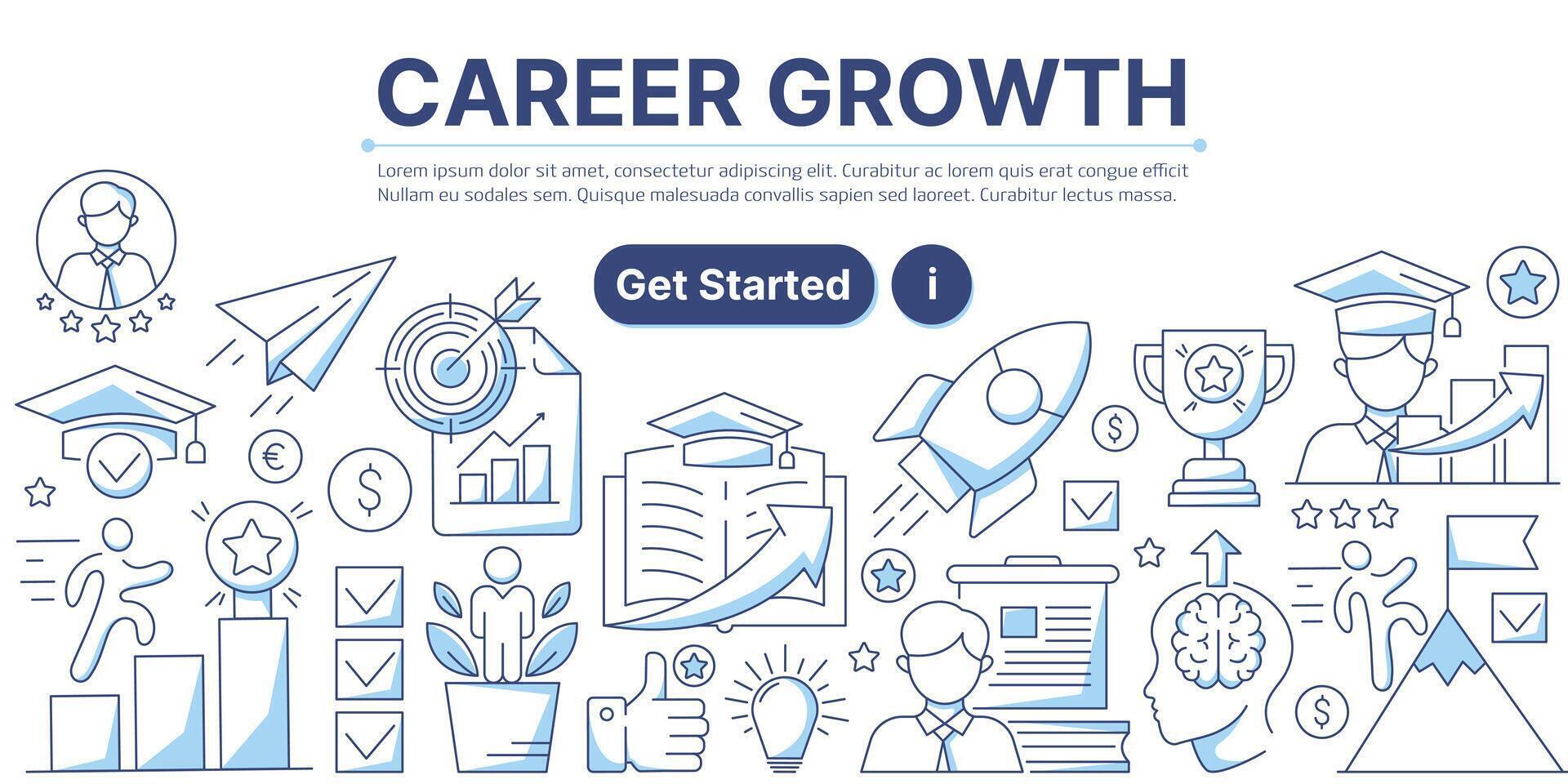 Career growth, business and education icons composition. Infographics elements with symbols of upskill, career ladder, goal achievement. Modern line design for web, banner, poster, landing page vector