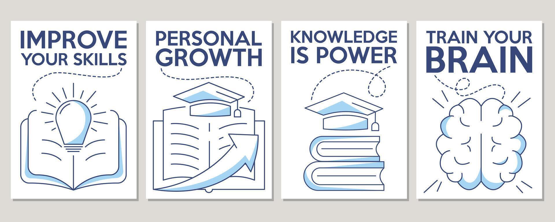 Set of minimalist education poster. Improve your skills, personal growth, knowledge is power, training brain concept. For banner, motivation, advertisement, a4 format. vector