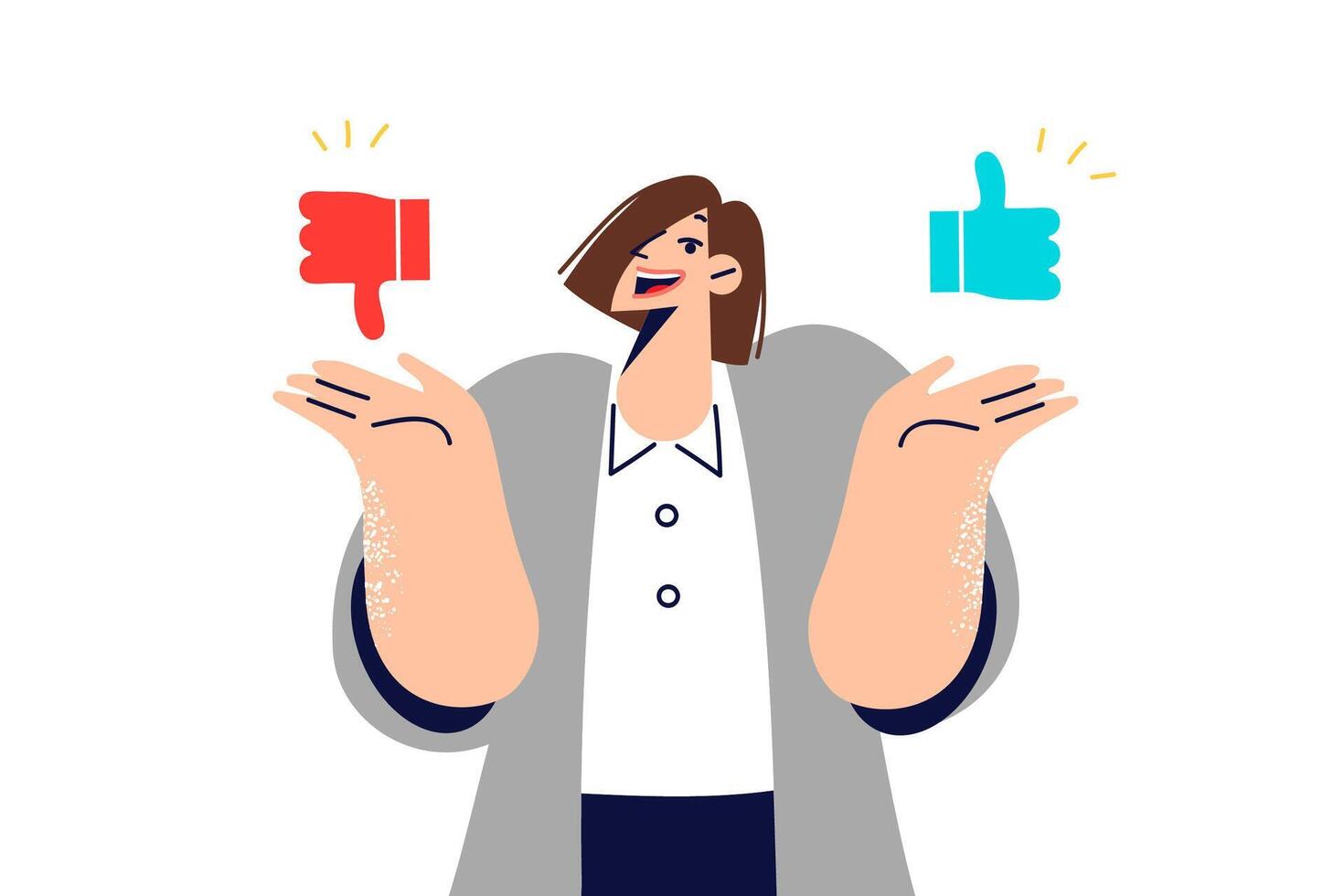 Woman encourages giving feedback and sharing user experience, holding thumbs up or down icons vector