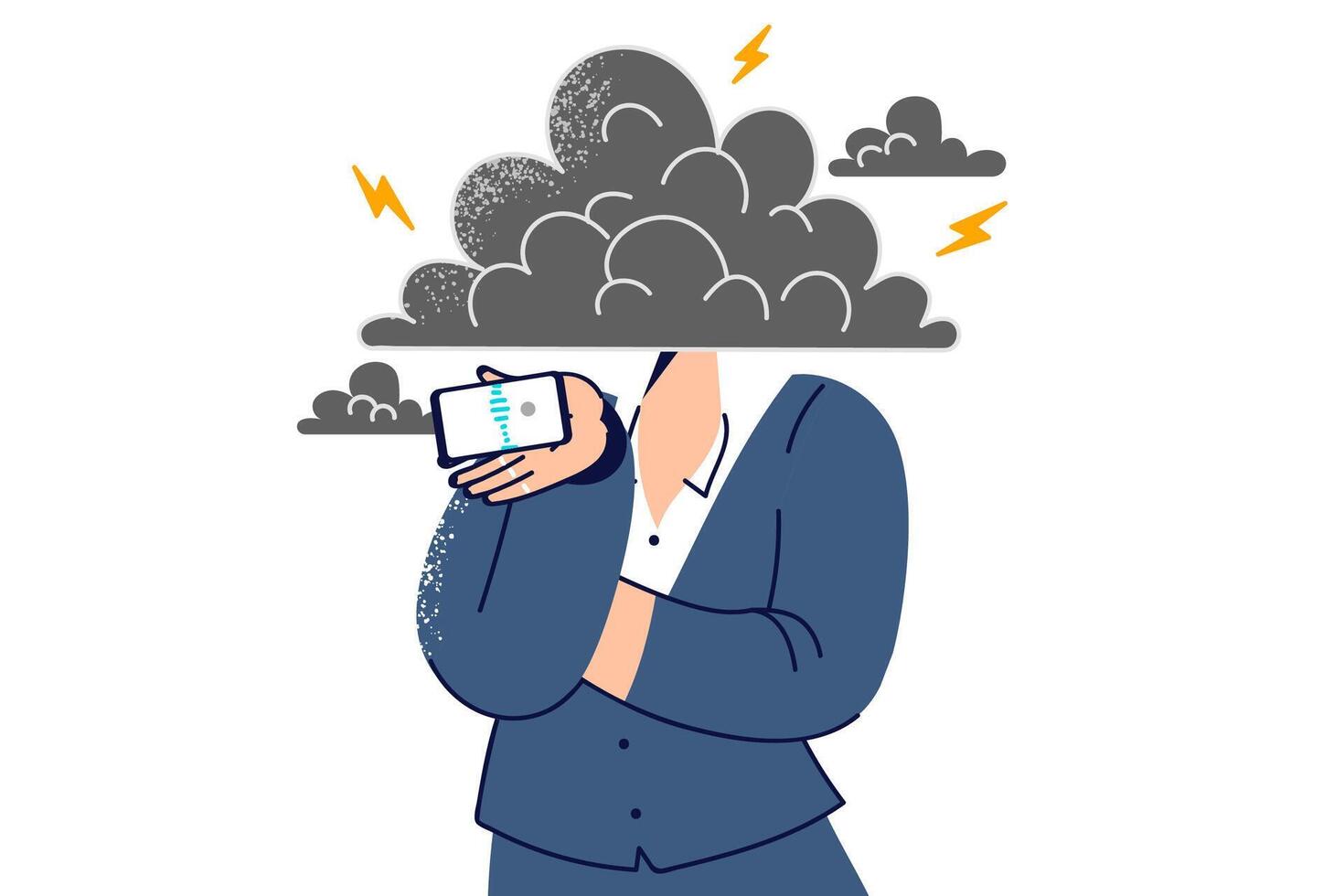 Woman uses cloud technologies to exchange messages with colleagues, stands under cloud covering head vector