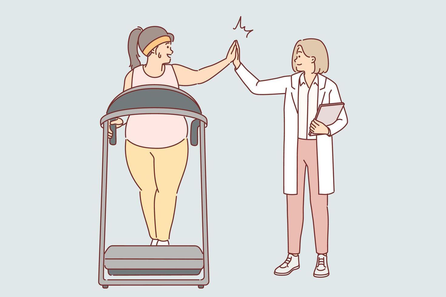 Woman fitness doctor monitors progress of oversized female exercising on treadmill in gym vector