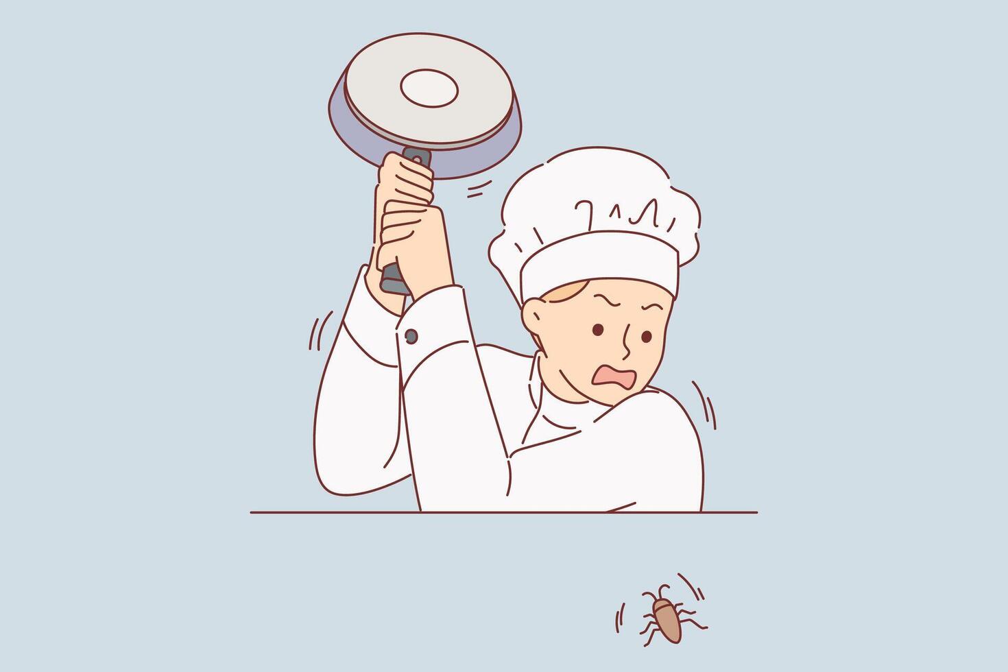 hombre restaurante cocinar mata cucaracha gateando en cocina mesa, sacudida fritura pan vector