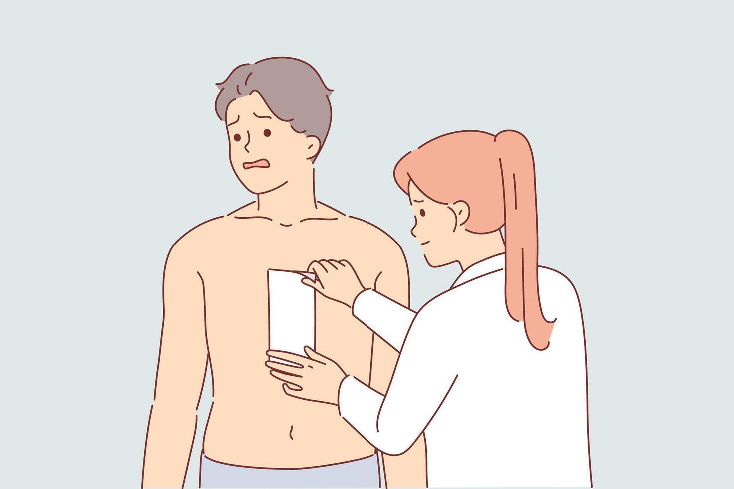 Depilation hair on chest of man, experiencing pain from tearing wax tape, stands near cosmetologist vector