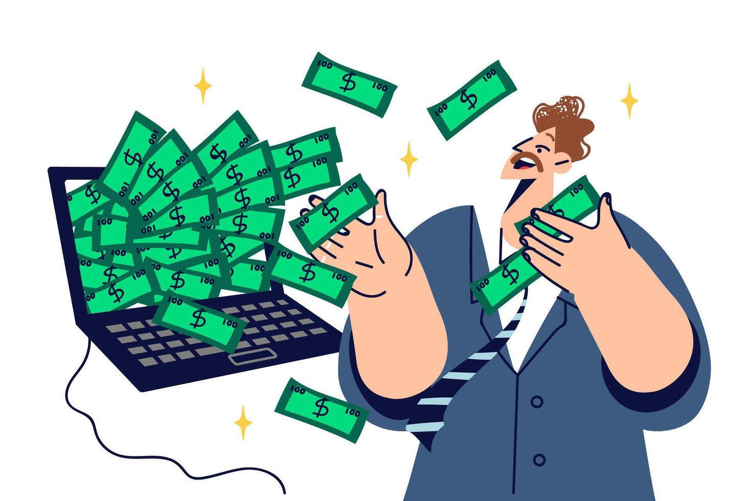 Rico hombre persona de libre dedicación obtiene lote de dinero para trabajando en Internet, soportes cerca ordenador portátil con dolares vector