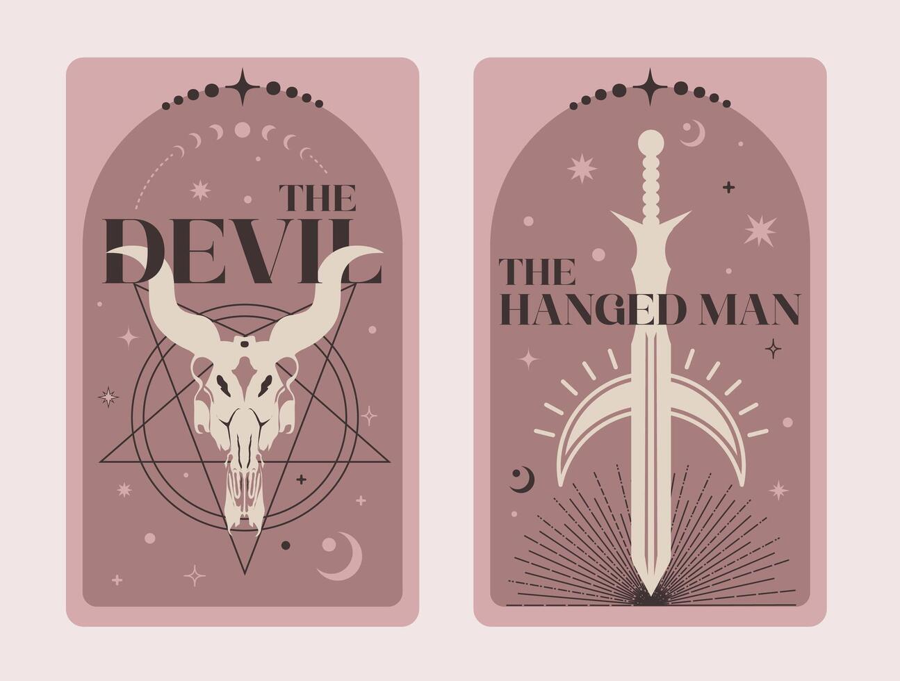 Pairs of Tarot cards Devil and The Hanged Man, Celestial Tarot Cards Basic witch tarot surrounded by moon and stars. vector