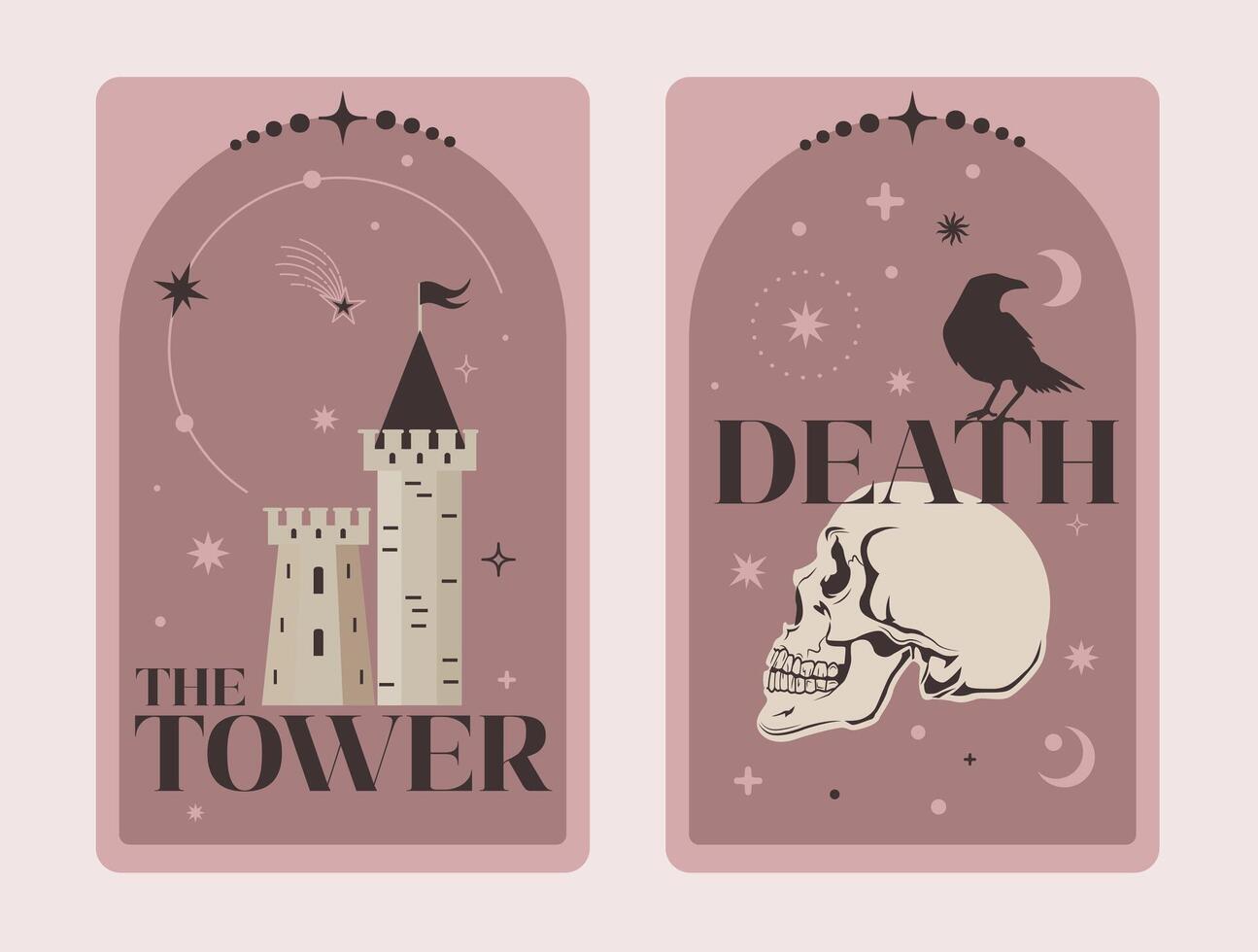 Pairs of Tarot cards The Tower and Death, Celestial Tarot Cards Basic witch tarot surrounded by moon and stars. illustration. vector