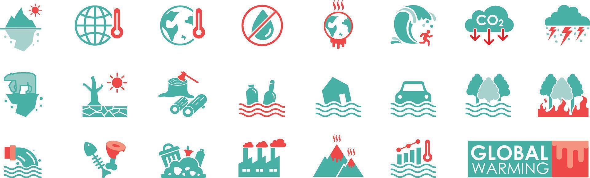 global calentamiento icono conjunto sólido icono sencillo estilo. contiene co2, tormenta, mundo, destruir, fábrica, iceberg, polar oso vector