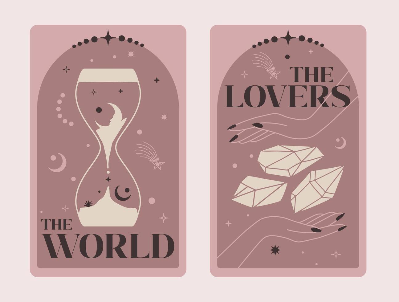 Pairs of Tarot cards The World and The Lovers, Celestial Tarot Cards Basic witch, illustration fortune telling occult mystic esoteric. Celestial Tarot Cards Basic witch tarot vector