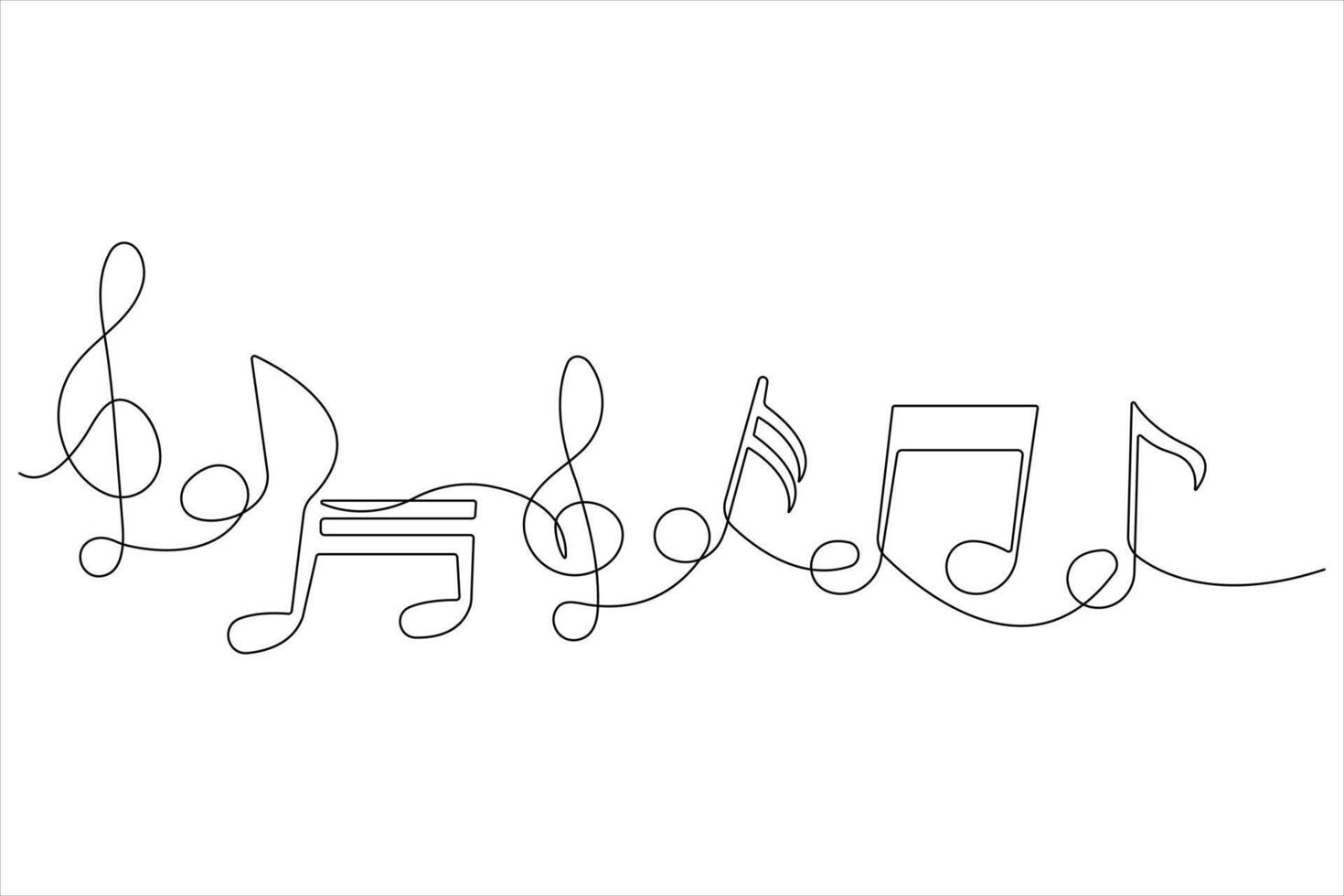 Multiple musical notes continuous one line art musical symbols and outline vector