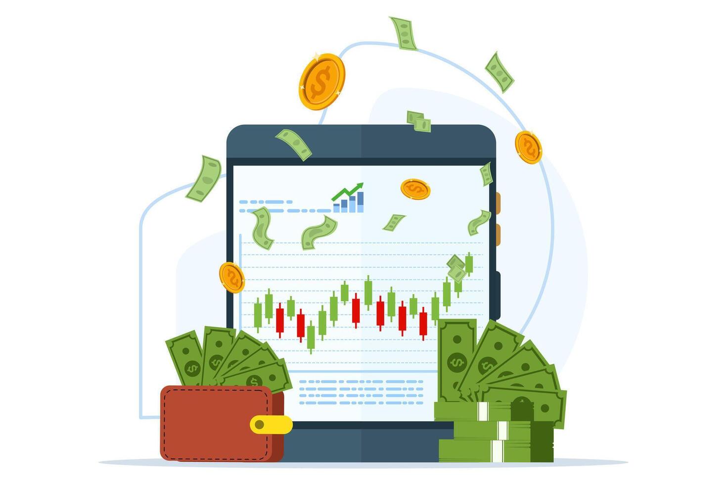 stock trading concept with laptop or computer illustration. Web banner template for trading company graphic design. Financial charts for buying and selling for stock exchange market concept. vector
