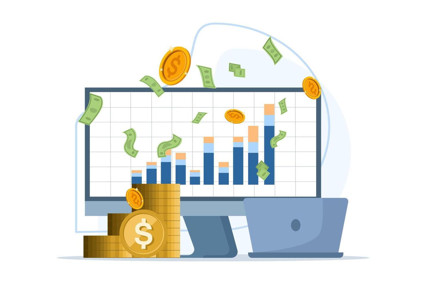 Success, profit, investment growth concept, computer with graph to money and success, laptop and up arrow graph, Stairs to success, Trendy flat style, flat illustration on white background. vector