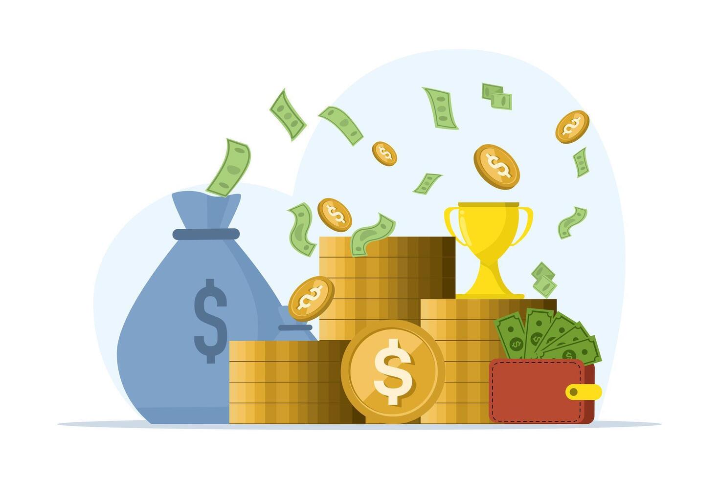 concept of Success and Making Big Profits. success with soaring money. profit. Big income, salary. make a lot of money. Stack of dollar coins. Winner with prize. illustration. vector