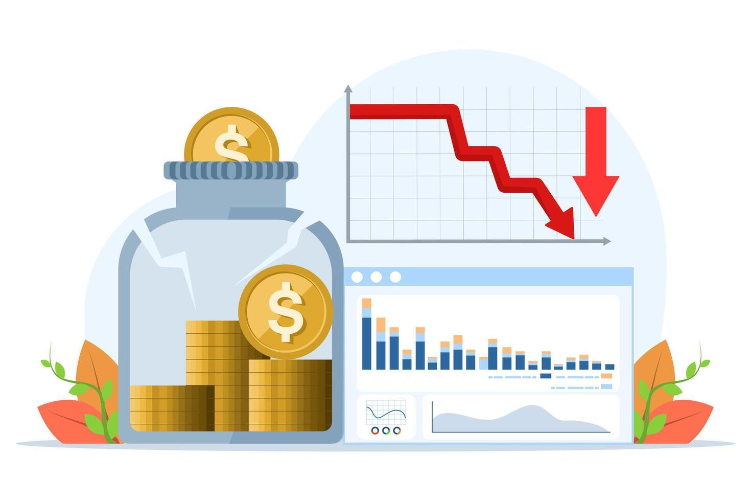 concept of broken piggy bank as a metaphor for business bankruptcy. Problems of repayment of economic loans, investment failures and budget collapse. financial crisis. vector