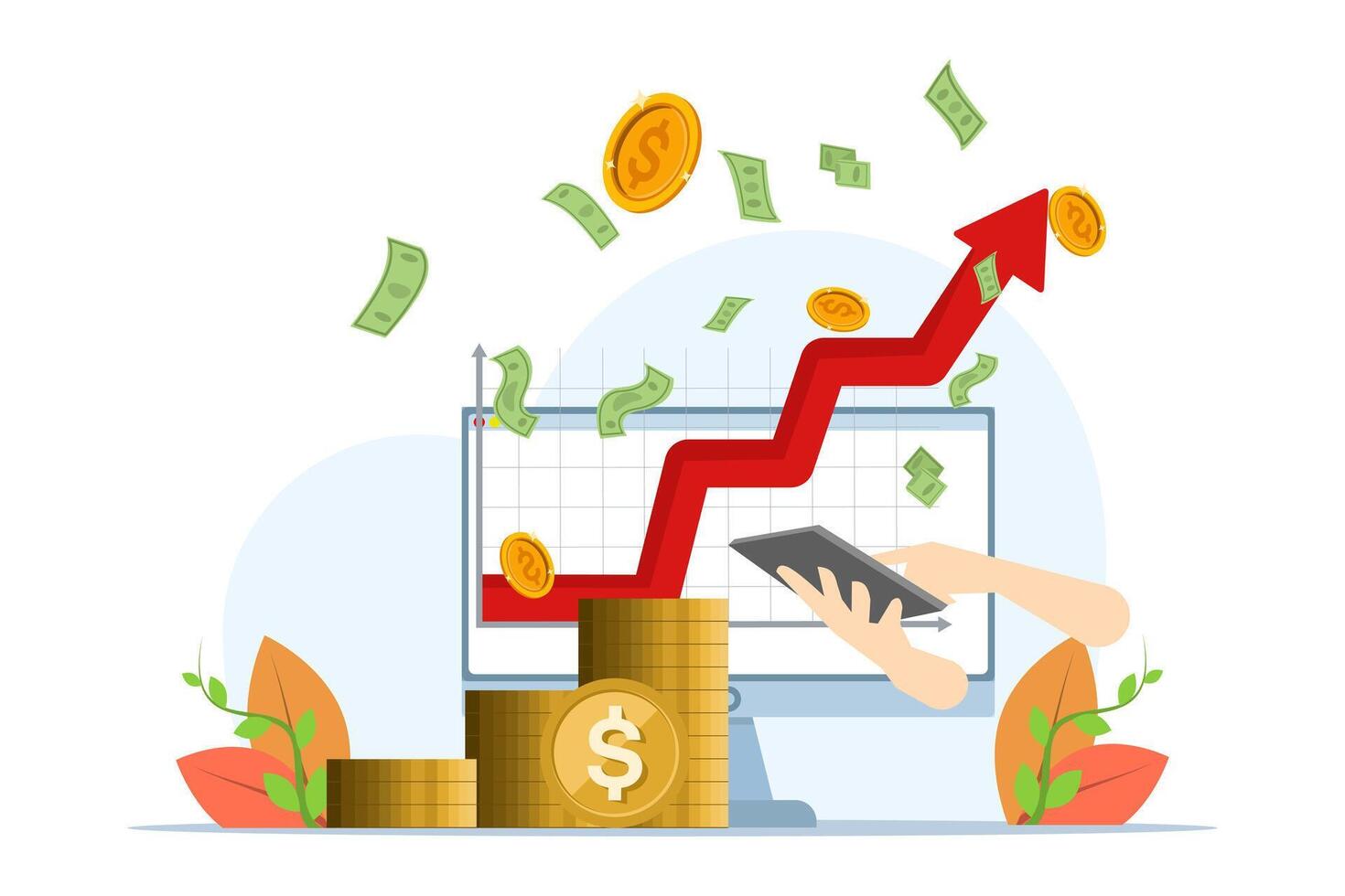 Success, profit, investment growth concept, computer with graph to money and success, laptop and up arrow graph, Stairs to success, Trendy flat style, flat illustration on white background. vector