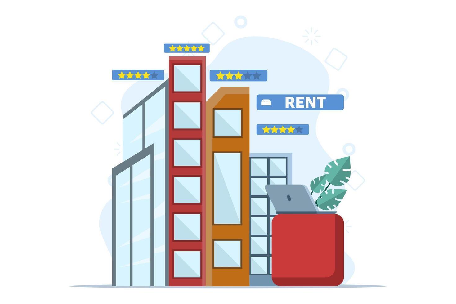 apartment search concept. laptop choosing a new house for rent, looking for an apartment, Online real estate selection or search service, Housing selection by rating, New property owner. vector