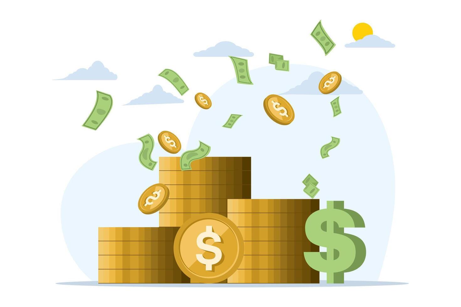 concept of Success and Making Big Profits. success with soaring money. profit. Big income, salary. make a lot of money. Stack of dollar coins. Winner with prize. illustration. vector