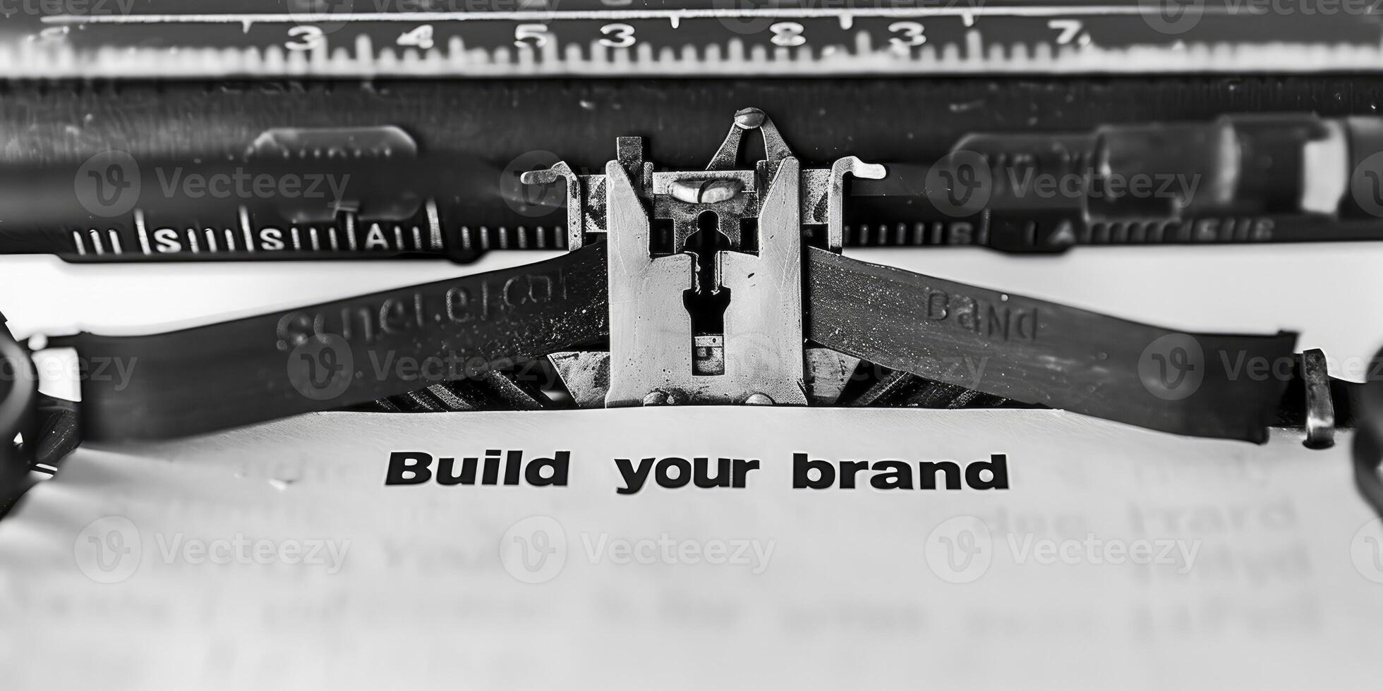 A black and white photo of the text Build your brand written on paper with an old typewriter