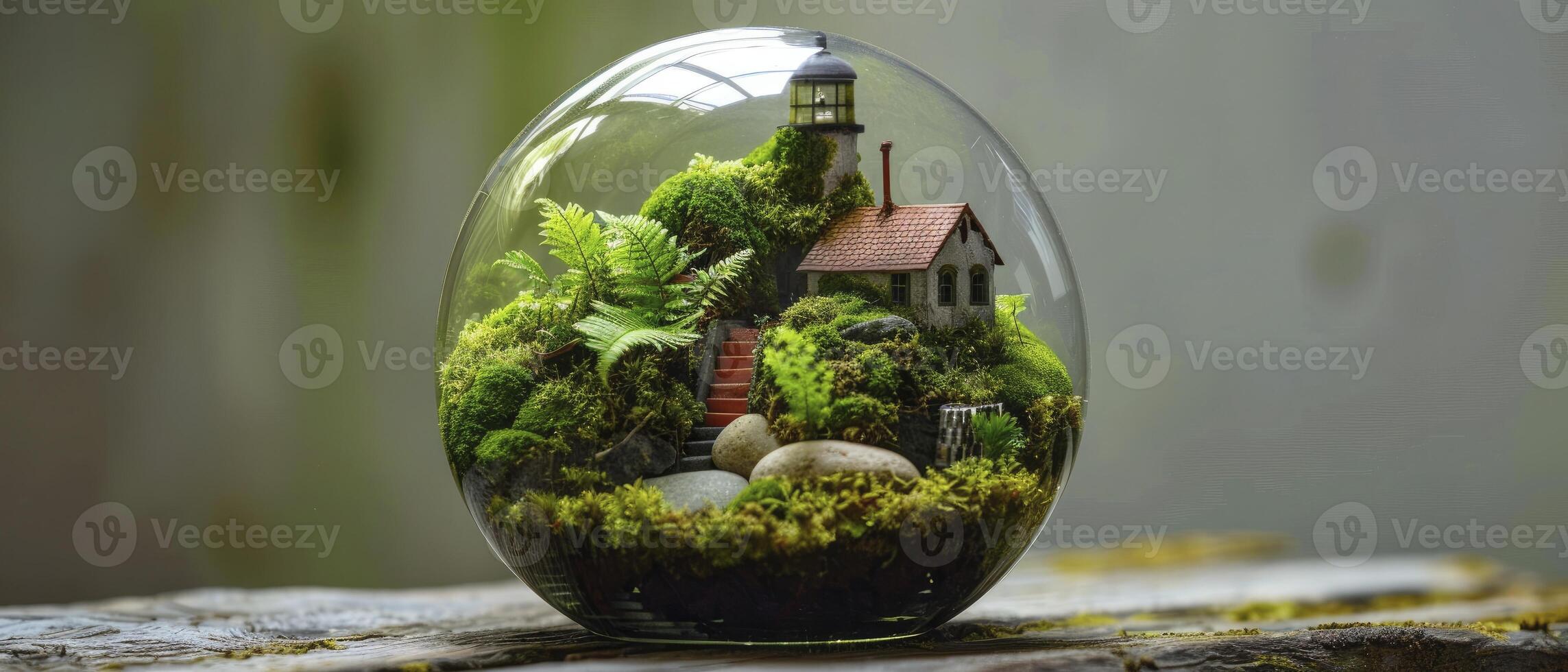 the miniature theme of old light house is covered with green moss and pabbles inside of terrarium glass photo