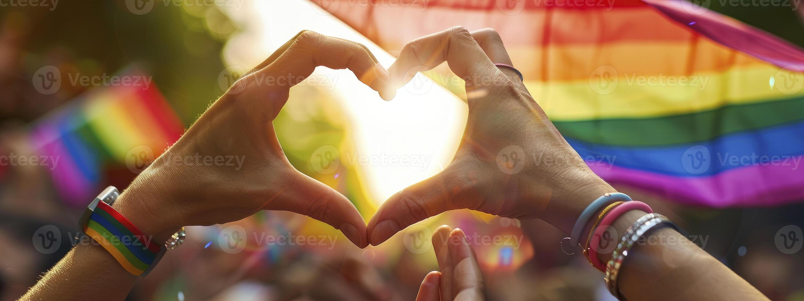 hands making a heart shape with a rainbow flag waving in the background during a pride parade celebration, love and diversity concept photo