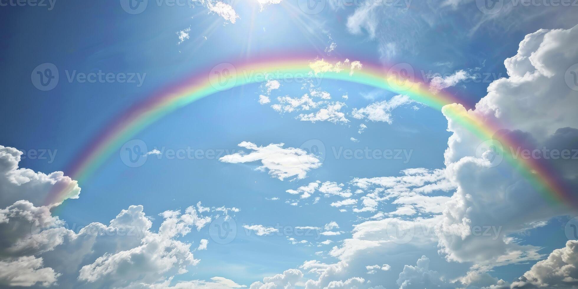 A rainbow arching across the sky, symbolizing hope and joy on Easter day. Blue skies with white clouds in the background. photo