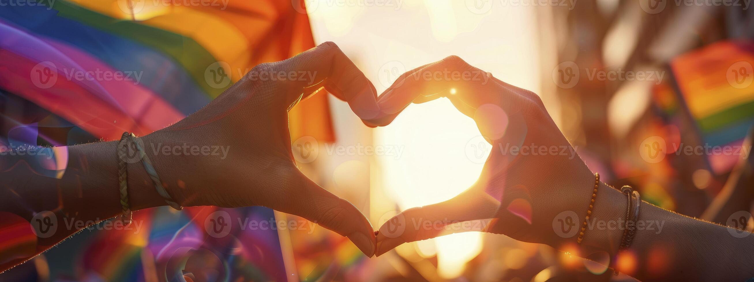 hands making a heart shape with a rainbow flag waving in the background during a pride parade celebration, love and diversity concept photo