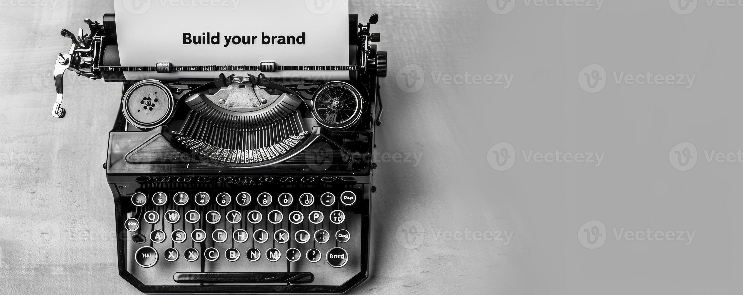 A black and white photo of the text Build your brand written on paper with an old typewriter