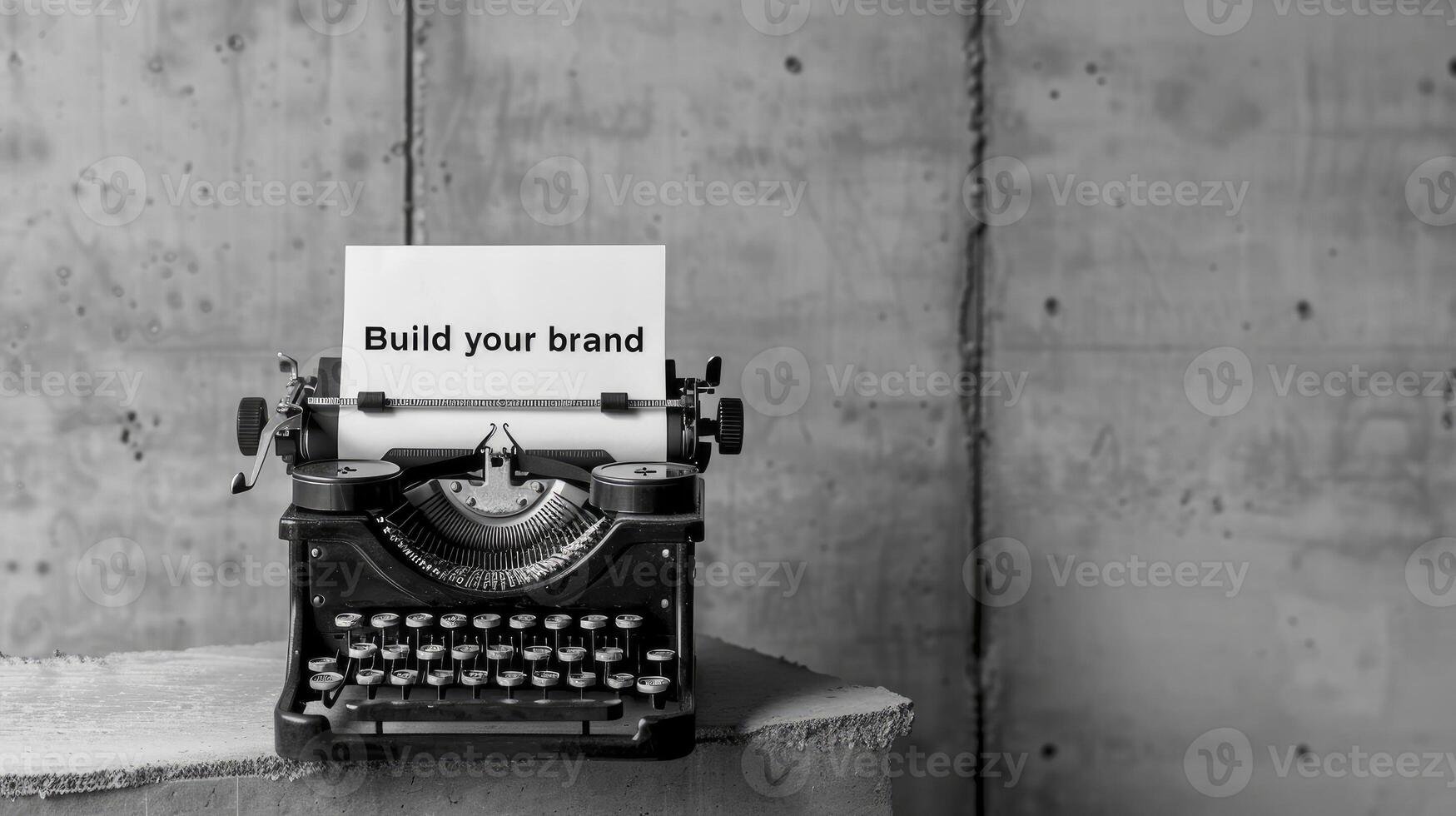 A black and white photo of the text Build your brand written on paper with an old typewriter