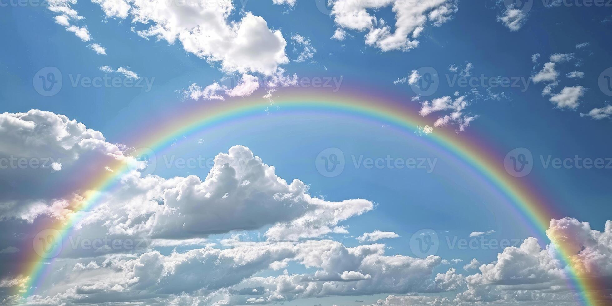 A rainbow arching across the sky, symbolizing hope and joy on Easter day. Blue skies with white clouds in the background. photo