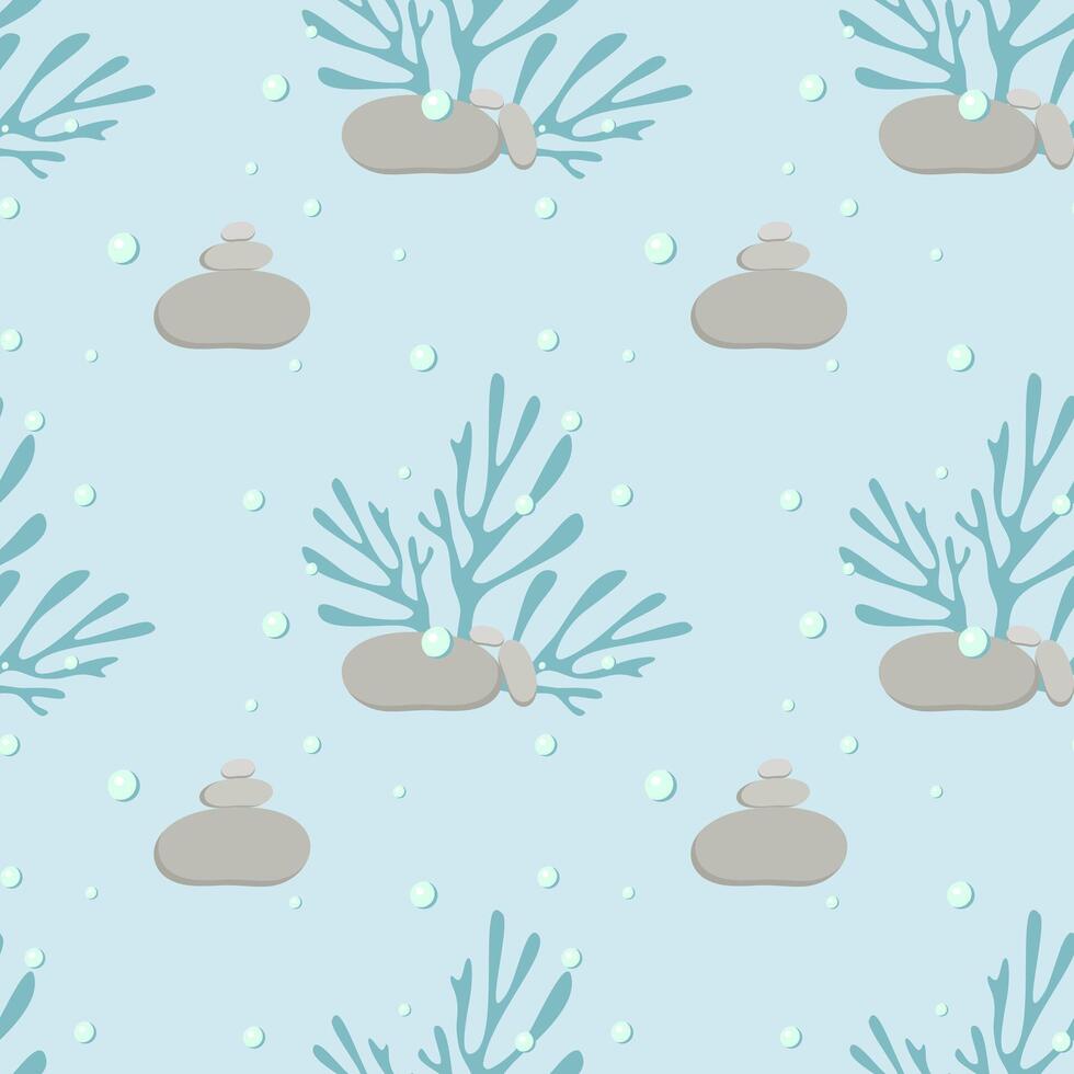 Pattern of seaweed and corals with stones on the bottom of the blue ocean, in pastel colors. vector