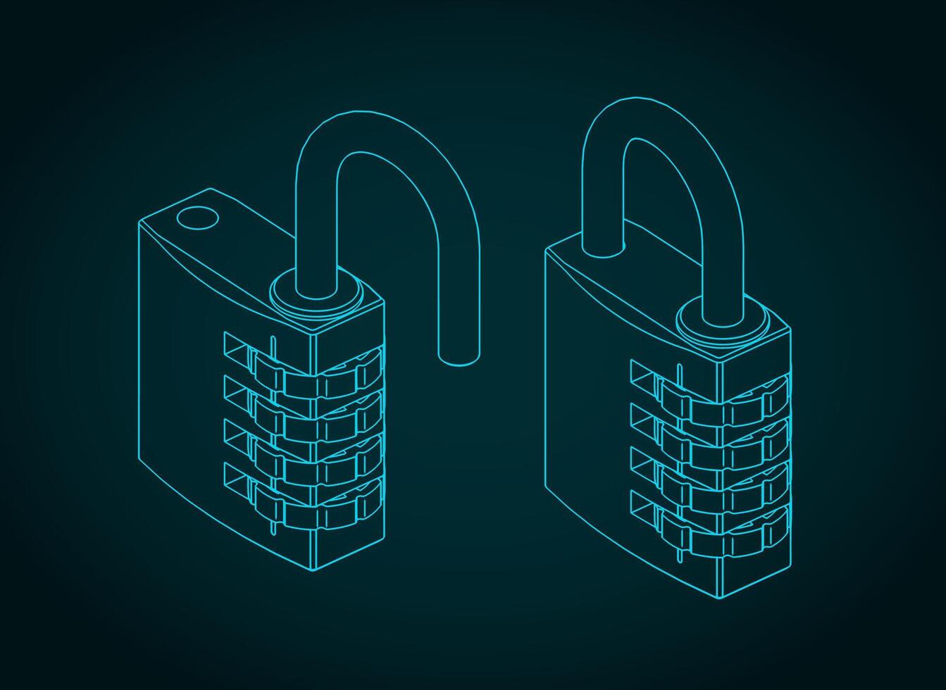 Combination padlock isometric blueprint vector