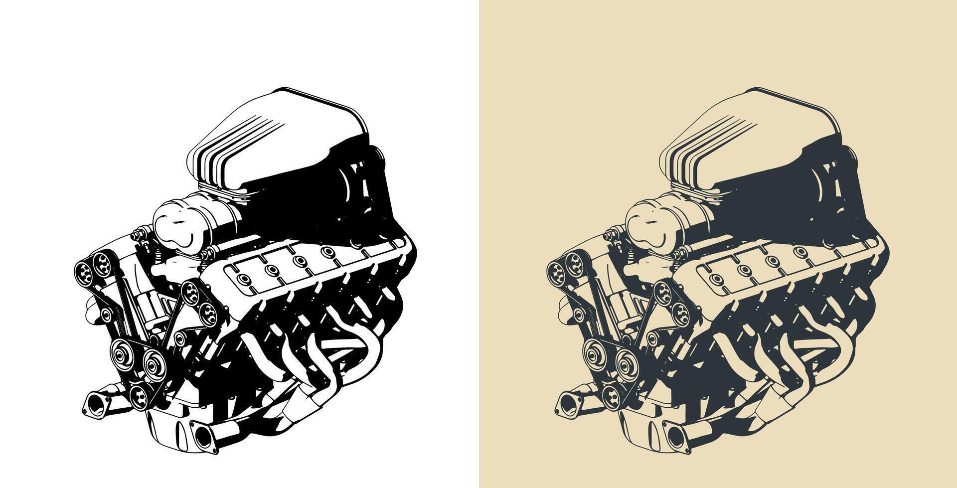 Powerful turbocharged V-engine illustrations vector