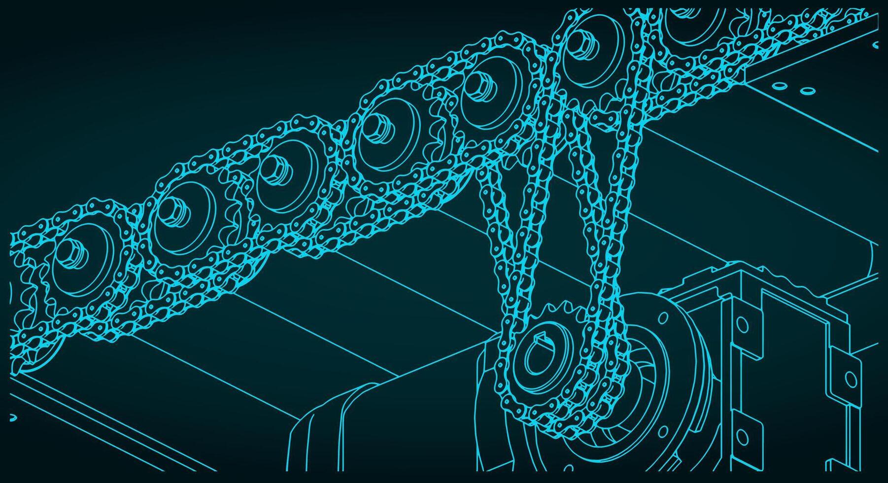 Blueprint of roller conveyor with chain drive vector