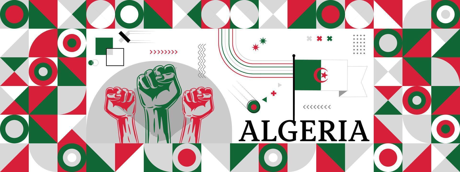 Flag and map of Algeria with raised fists. National day or Independence day design for Counrty celebration. Modern retro design with abstract icons. vector