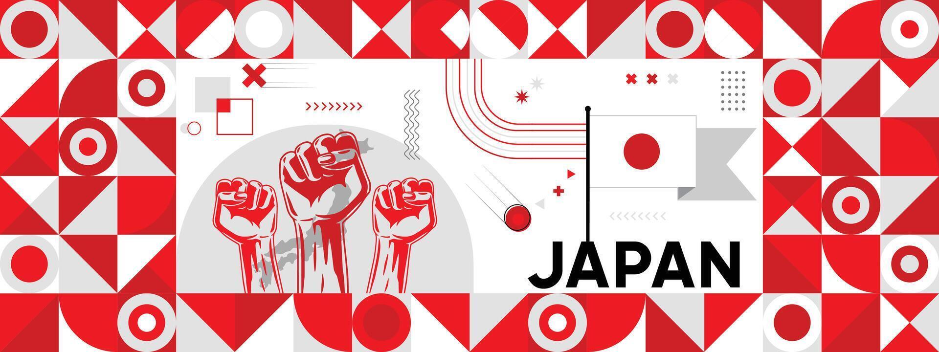 Flag and map of japan with raised fists. National day or Independence day design for Counrty celebration. Modern retro design with abstract icons. vector
