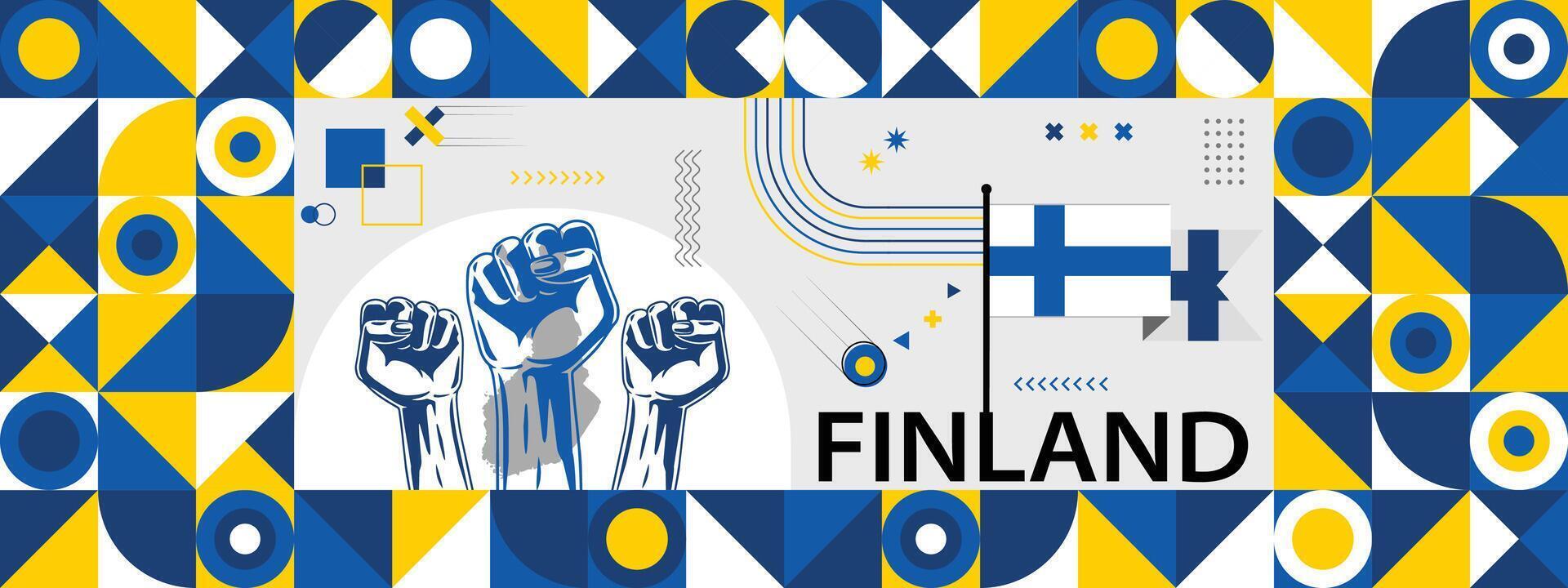 Flag and map of Finland with raised fists. National day or Independence day design for Counrty celebration. Modern retro design with abstract icons. vector