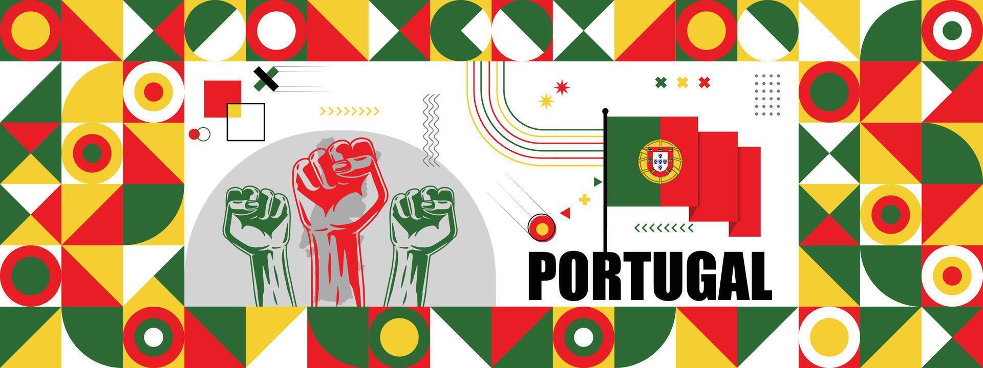 Flag and map of Portugal with raised fists. National day or Independence day design for Counrty celebration. Modern retro design with abstract icons. vector