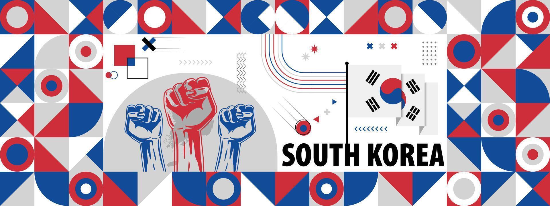 Flag and map of South Korea with raised fists. National day or Independence day design for Counrty celebration. Modern retro design with abstract icons. vector