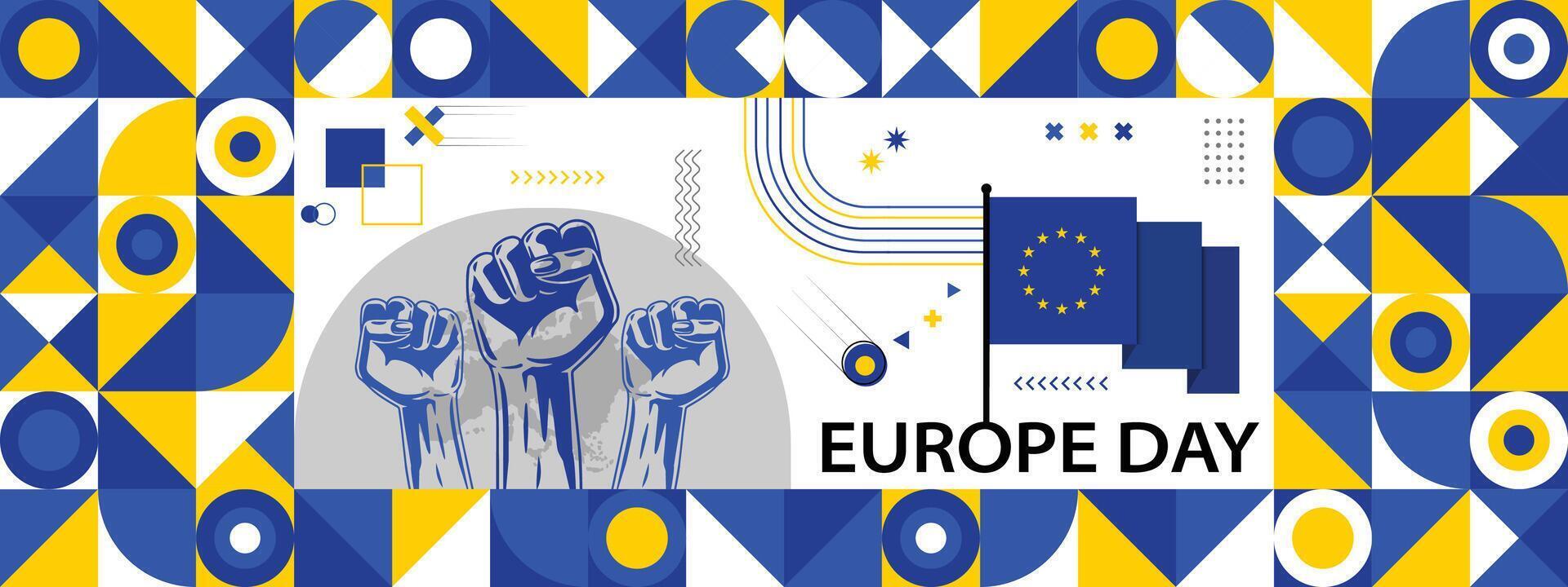 Flag and map of Europe with raised fists. National day or Independence day design for Counrty celebration. Modern retro design with abstract icons. vector