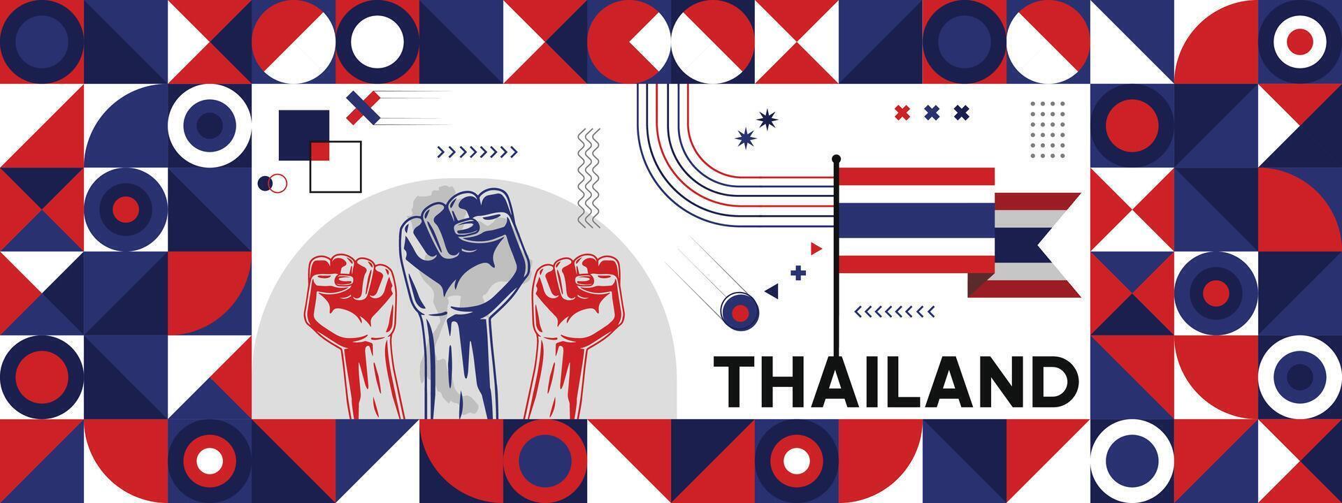 Flag and map of Thailand with raised fists. National day or Independence day design for Counrty celebration. Modern retro design with abstract icons. vector